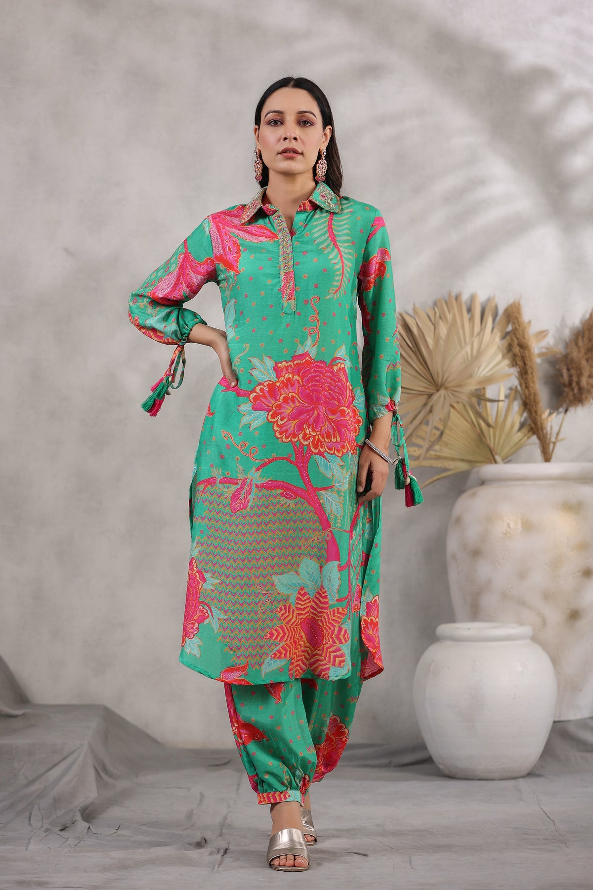 Floral Print Kurta Co-ord Set - Bright Green