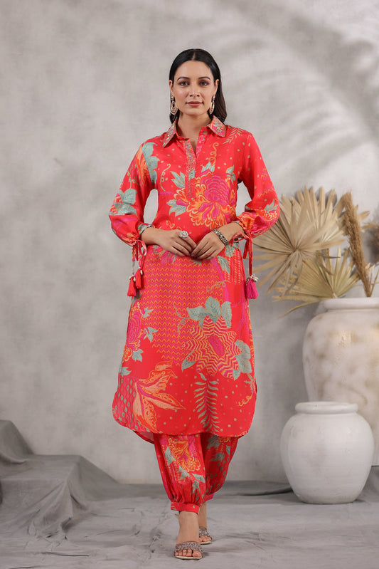 Floral Print Kurta Co-ord Set - Pink