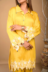 Floral Embroidered Top with Dhoti style Pants - Bright Yellow