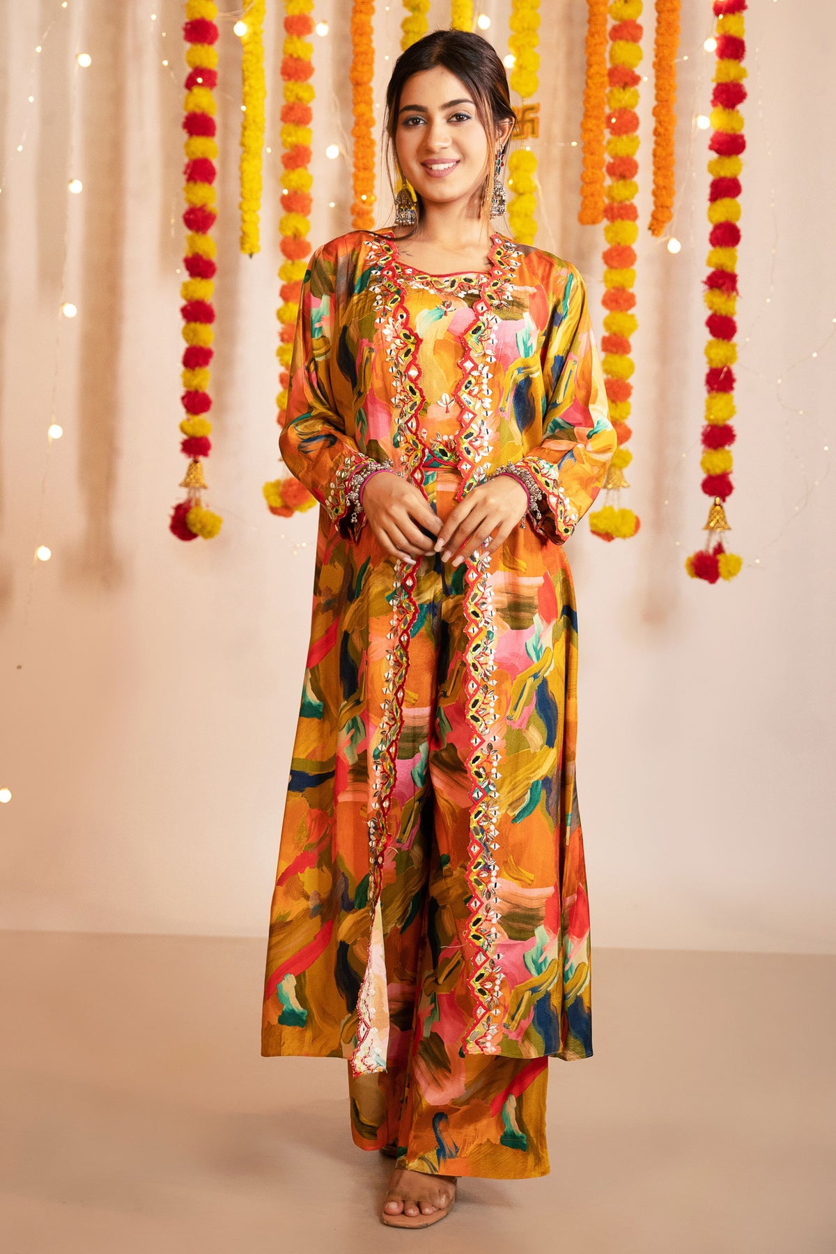 Brushstroke Print Crop Top, Jacket & Sharara Pants Co-ord Set - Multi-Colour