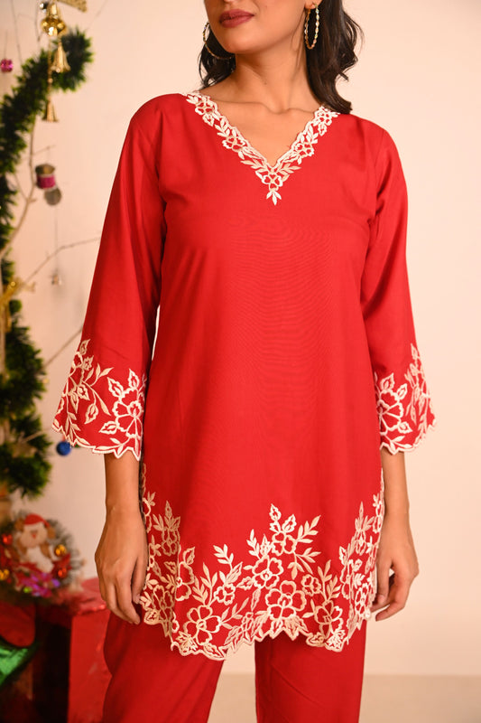 Embroidered Cotton silk Top with Straight Fit Pants - Cherry Red