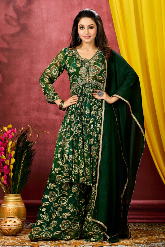 Alia Cut Suit with Palazo and Dupatta- Palm Green