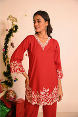 Embroidered Cotton silk Top with Straight Fit Pants - Cherry Red
