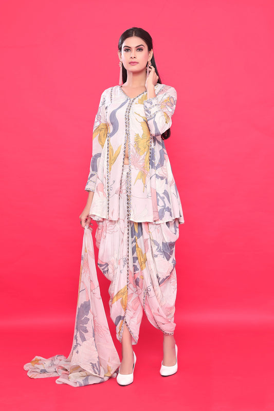 Floral Printed Embroidered Indo-western Co-ord Set-Grey & Pink