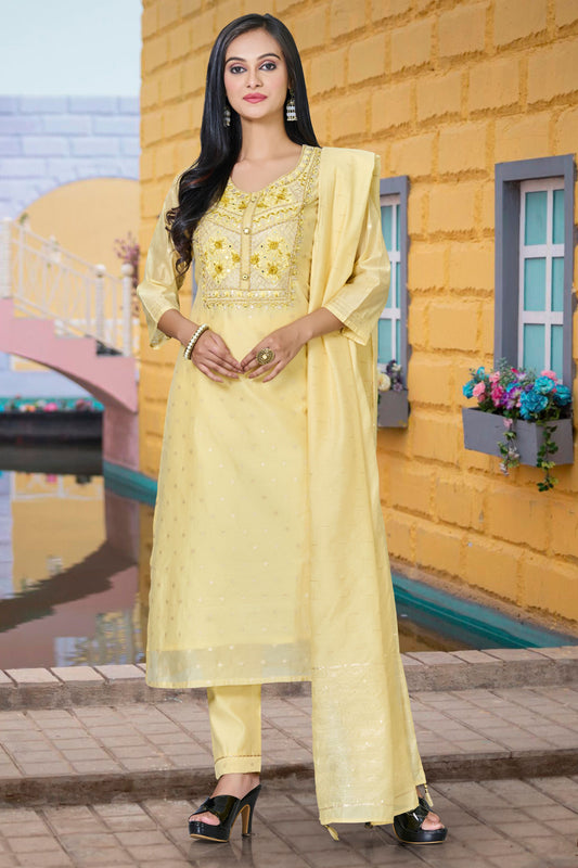 Embroidered Salwar Suit with Pant and Dupatta- Light Yellow