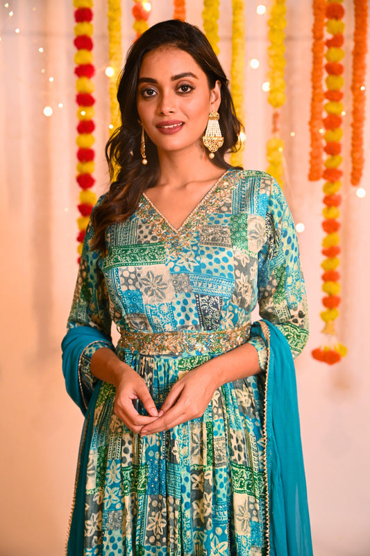 Floral Print Kurta with Sharara Pants & Chiffon Dupatta - Teal Blue