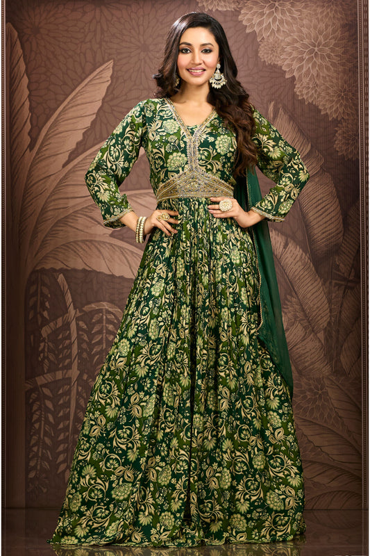 Alia Cut Gown with Dupatta- Bottle Green