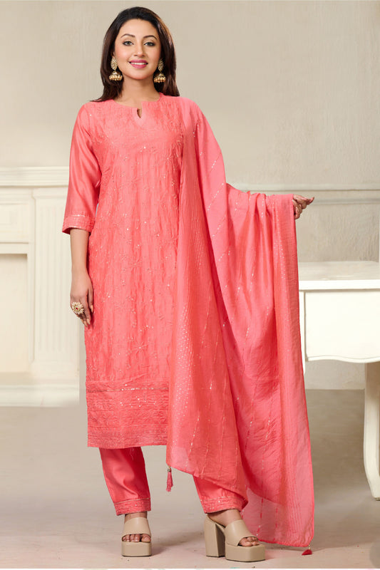 Embroidered Salwar Suit with Pants and Dupatta- Salmon Pink