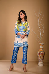 Botanical Print Top with Straight Fit Pants - Blue