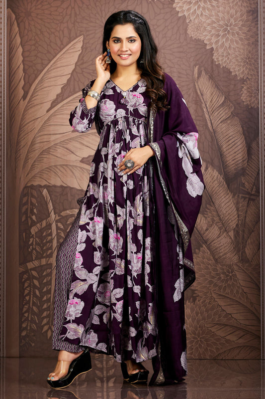 Floral Print Nyra Kurti with Pant and Duptta- Purple