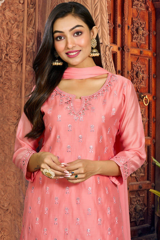 Embroidered Salwar Suit with Pants and Dupatta- Light Salmon Pink