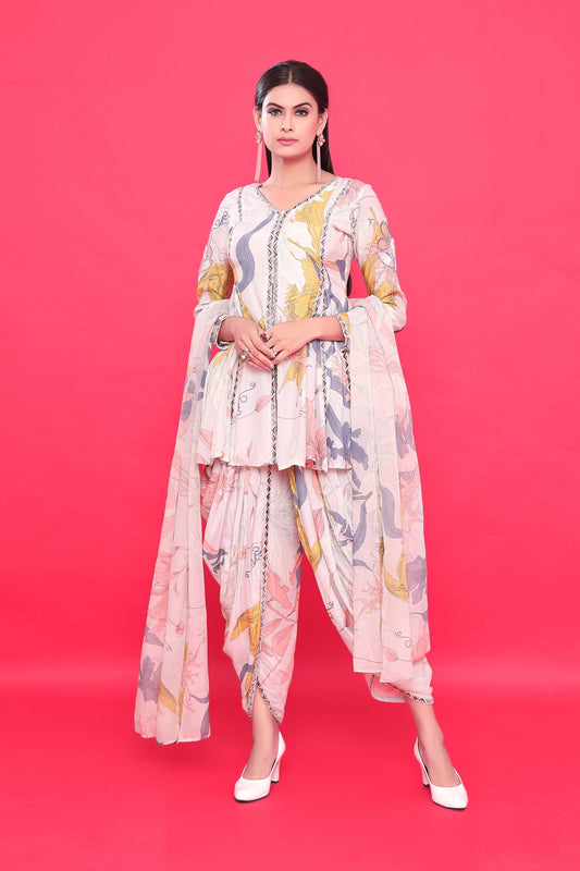 Floral Printed Embroidered Indo-western Co-ord Set-Grey & Pink