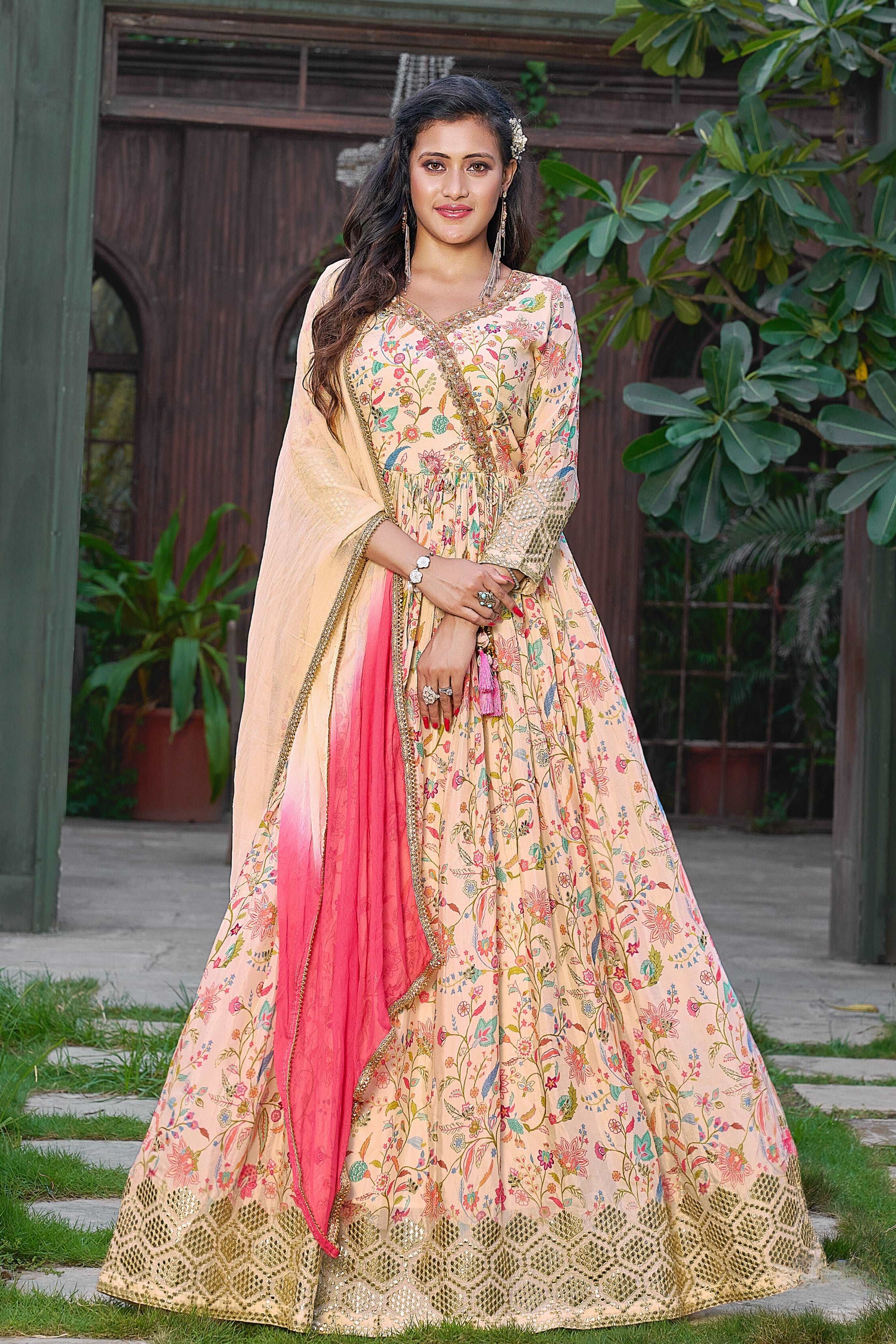 Angrakha Style Gown with Dupatta - Multi-Color