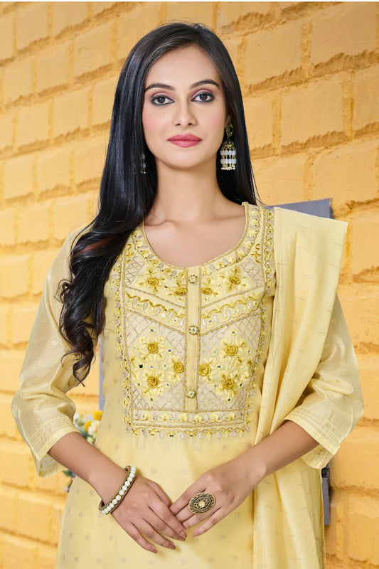 Embroidered Salwar Suit with Pant and Dupatta- Light Yellow