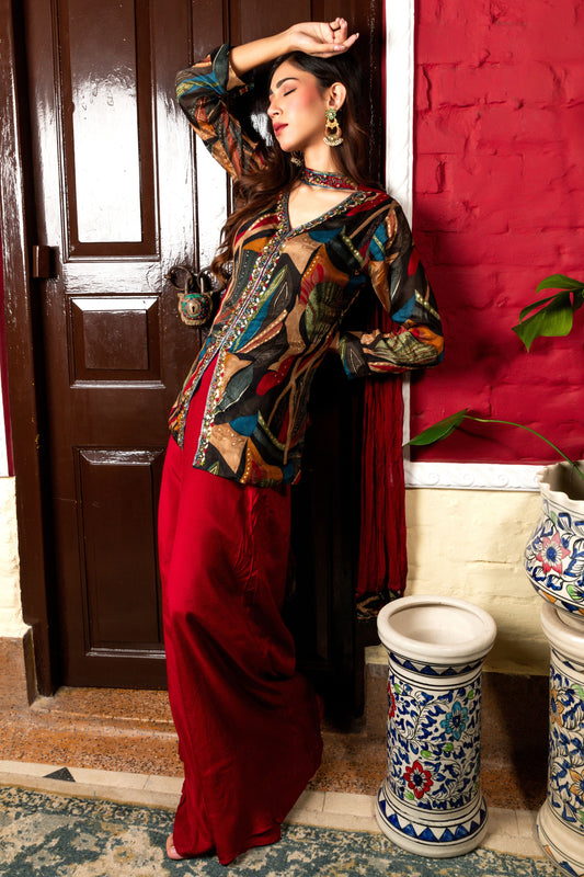 Abstract Printed Embroidered Top with Flare pant and Dupatta-Multicolor