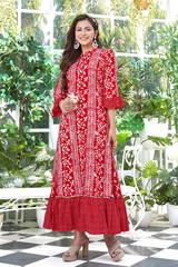 Ethnic Print Gown with Gathers - Cherry Red