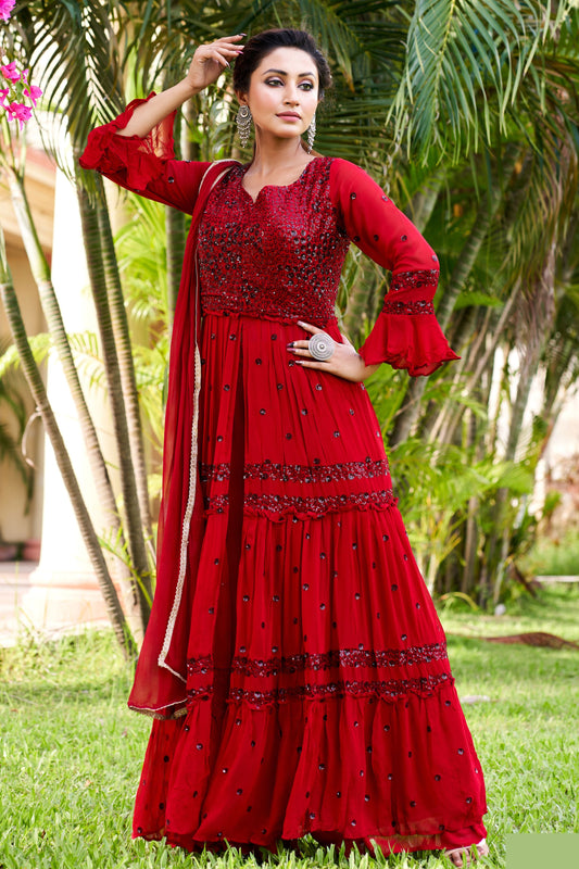 Squin work Gown Set with Pant and Dupatta- Blood Red