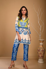 Botanical Print Top with Straight Fit Pants - Blue