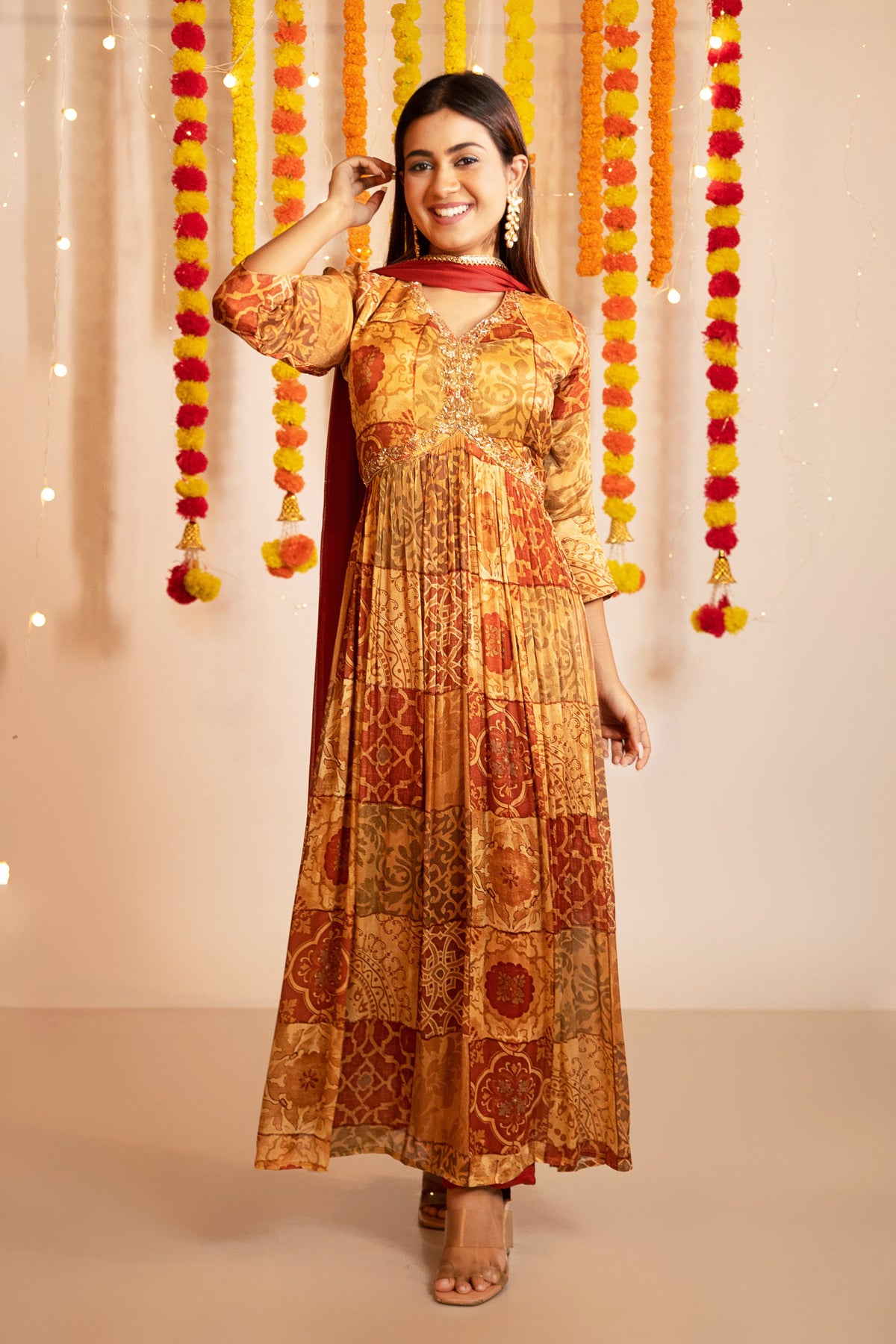 Rusty Brown Kurta with Pants & Chiffon Dupatta