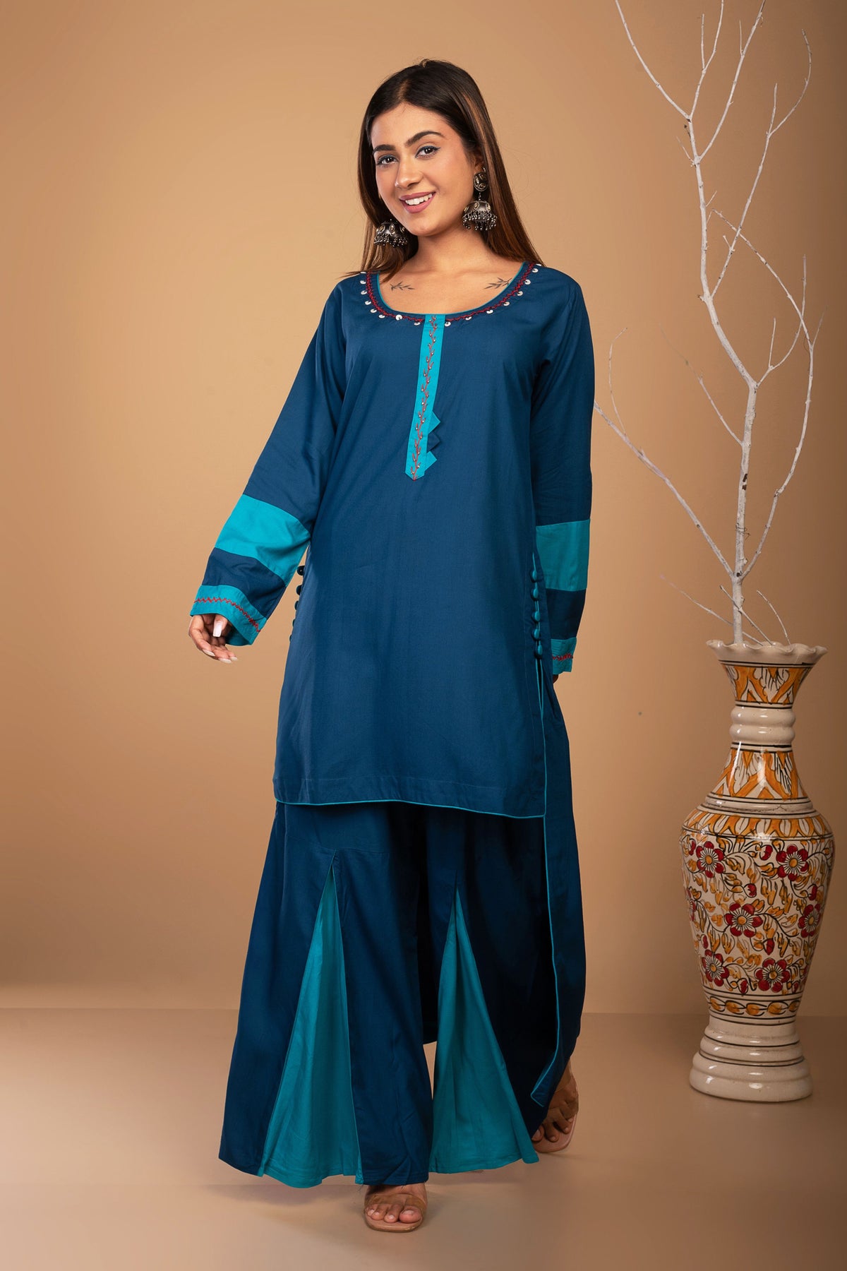 High Low Kurta with Single Pleat Pants - Dark Blue