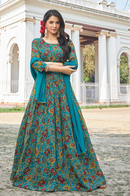 Floral Print Embroidered Gown with Dupatta - Ocean Blue