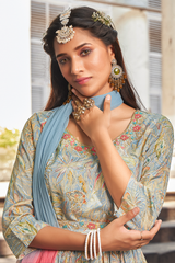 Floral Digital Print Embroidered Gown  with Dupatta – Powder Blue
