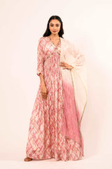Alia Cut Gown with Chiffon Dupatta - Rose Pink