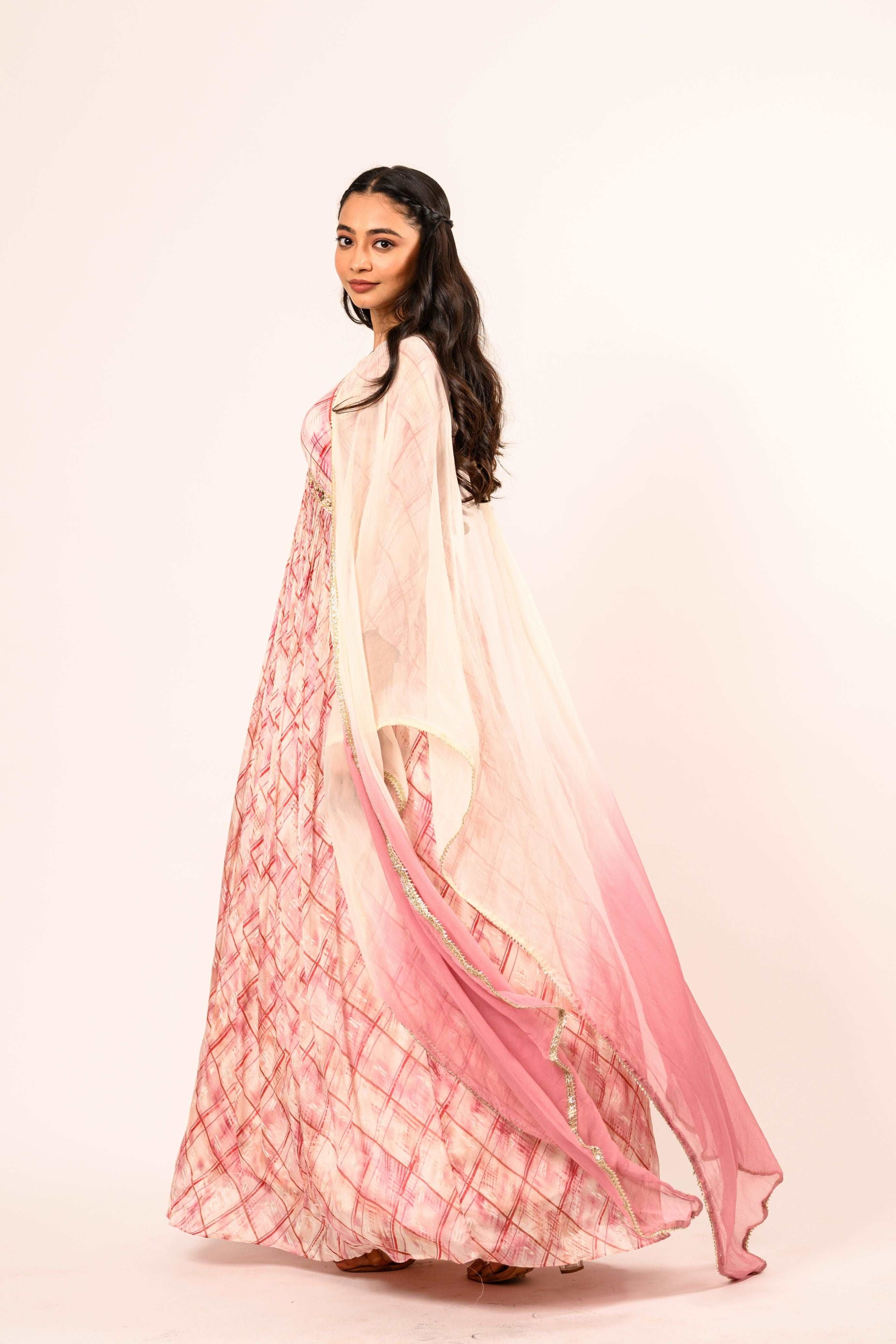 Alia Cut Gown with Chiffon Dupatta - Rose Pink