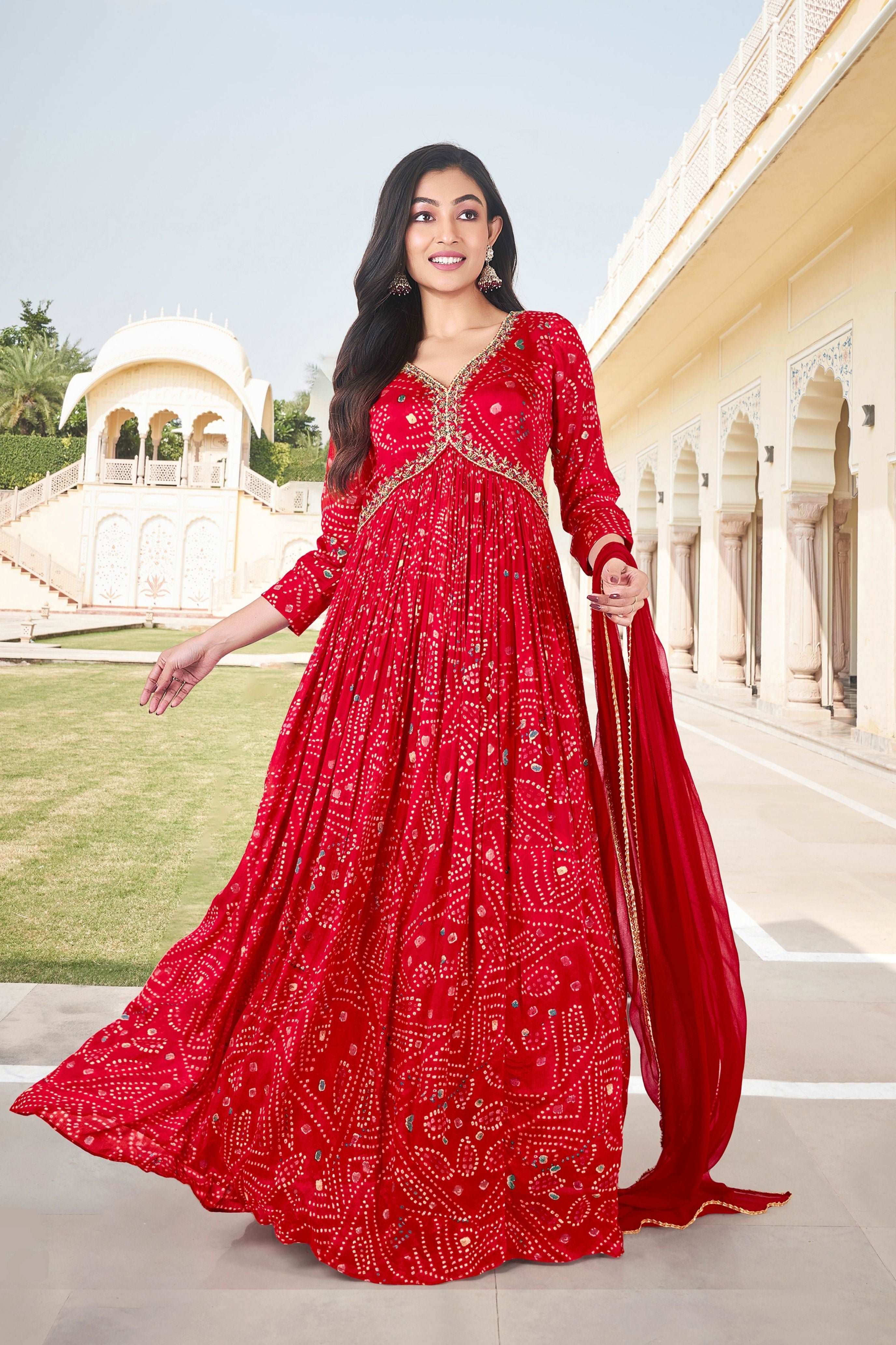 Bandhej Print Alia Cut Gown with Dupatta - Red