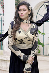 Floral Print Gown with Dupatta - Black & White