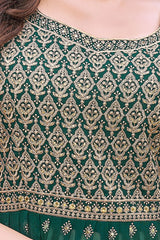 Embroidered Nyra Cut Kurta with Sharara Pants & Dupatta - Dark Green