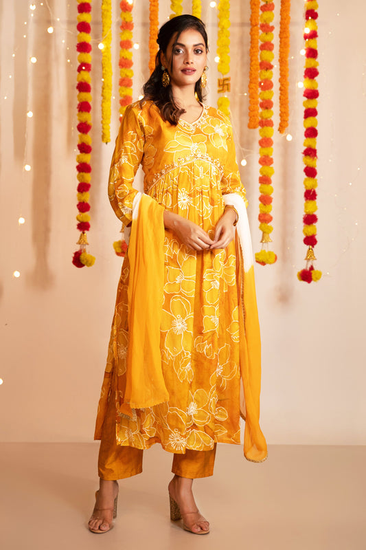 Floral Print Kurta with Pants & Dupatta – Mango Yellow