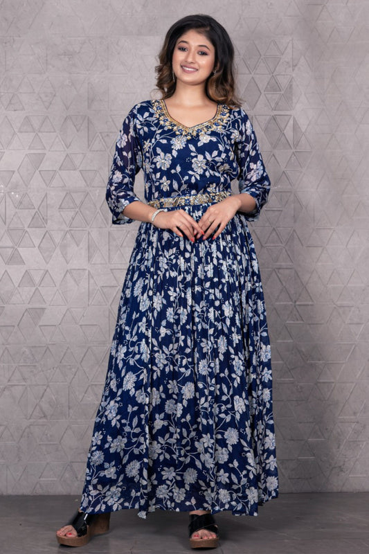 Floral Print Embroidered Gown – Deep Blue