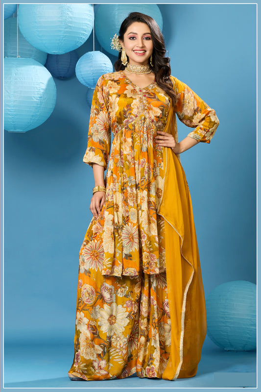 Alia Cut Suit with Palazzo and Dupatta- Mustard
