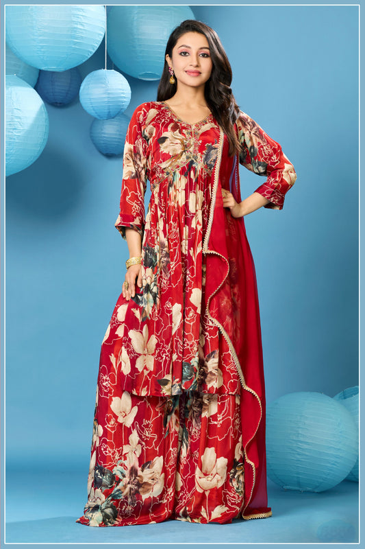 Alia Cut Suit with Palazzo and Dupatta- Cherry Red