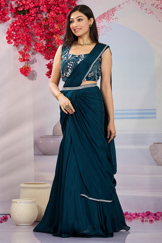 Minimal Embellished Drape Saree - Midnight Blue