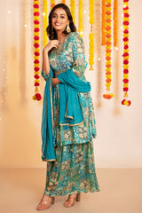 Floral Print Kurta with Sharara Pants & Chiffon Dupatta - Teal Blue