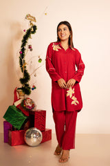Floral Tunic with Pant - Red with hints of Golden