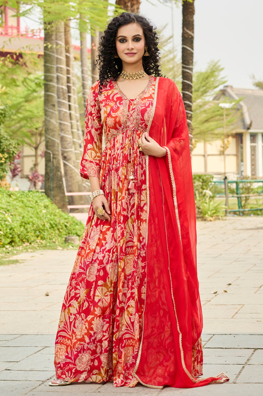 Floral Print Gown with Dupatta- Bright Red