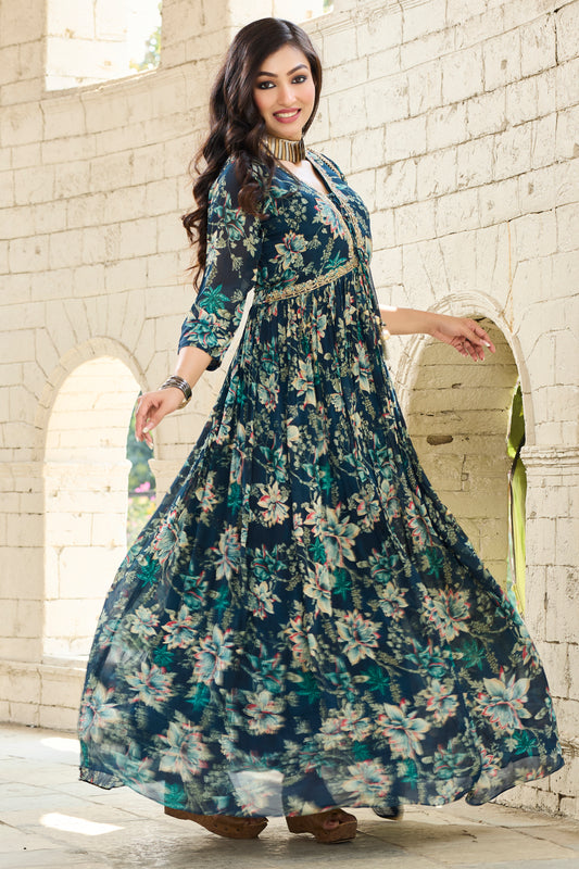 Floral Print Gown with Dupatta- Dark Blue