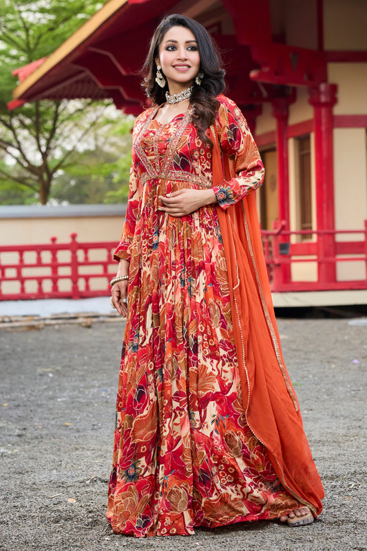 Floral Print Gown with Dupatta - Reddish Orange