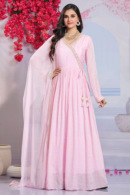 Angrakha Gown with Dupatta-Light Pink