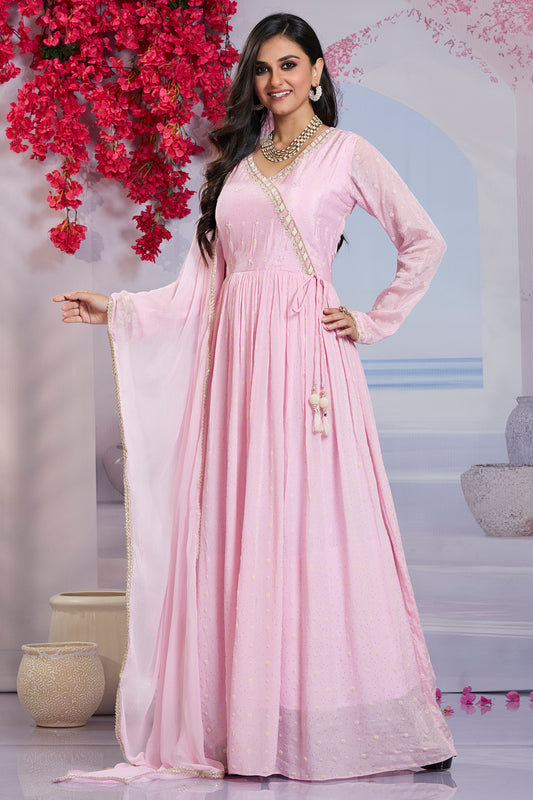 Angrakha Gown with Dupatta-Light Pink
