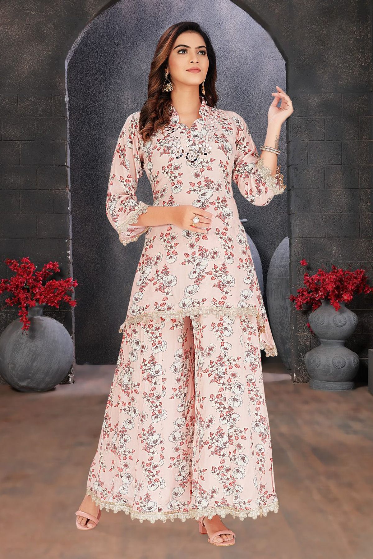 Floral Print Short Kurta with Palazzo Pants – Pink