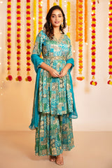 Floral Print Kurta with Sharara Pants & Chiffon Dupatta - Teal Blue