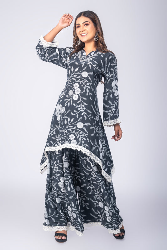 Floral Print Short Kurta with Palazzo Pants – Greyish Black