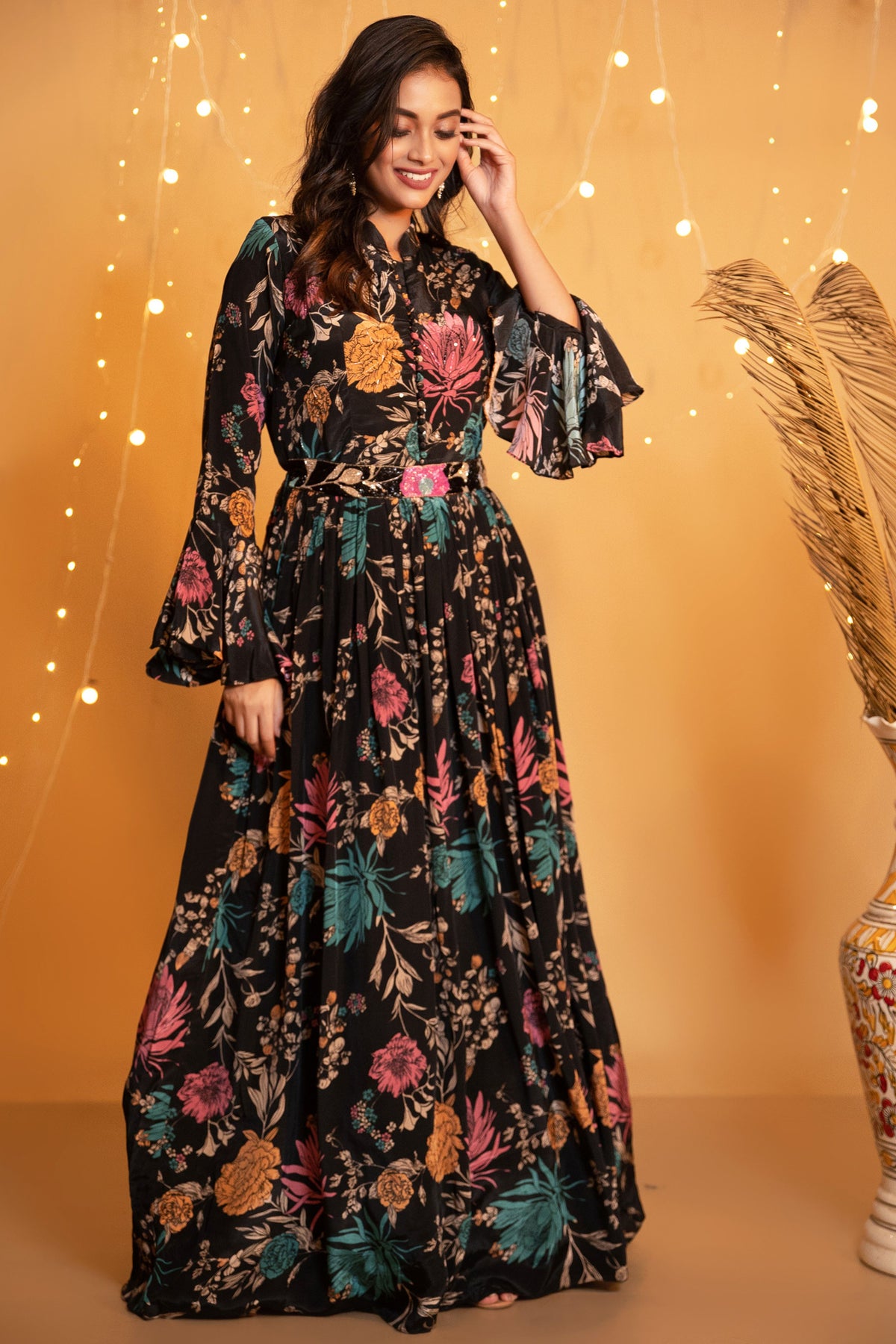 Floral Digital Print Gown with Cut-out Back - Black