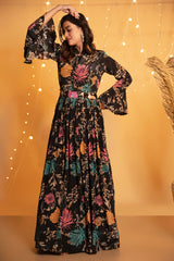 Floral Digital Print Gown with Cut-out Back - Black