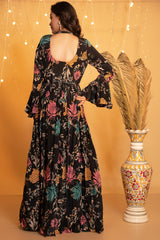 Floral Digital Print Gown with Cut-out Back - Black
