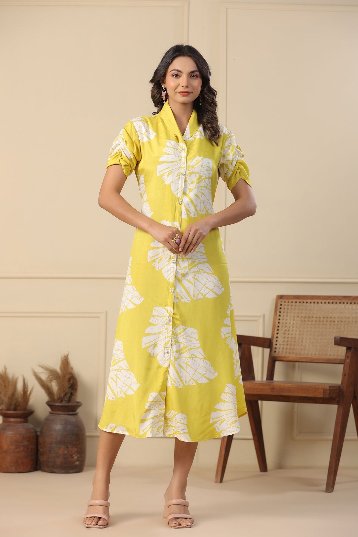 Leaf Printed Embroidered Buttons detailing Midi Dress- Lemon Yellow